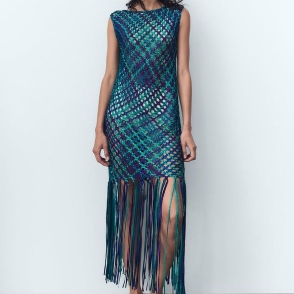 New Zara Satin Effect Woven Braided Fringe Blue Dress/Swim Cover-Up Blogger Fav - Picture 3 of 10